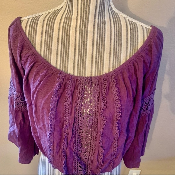 Cropped Peasant Top Large Charlotte Russe Plum Purple Crochet Lace Detail Rayon - Picture 3 of 13